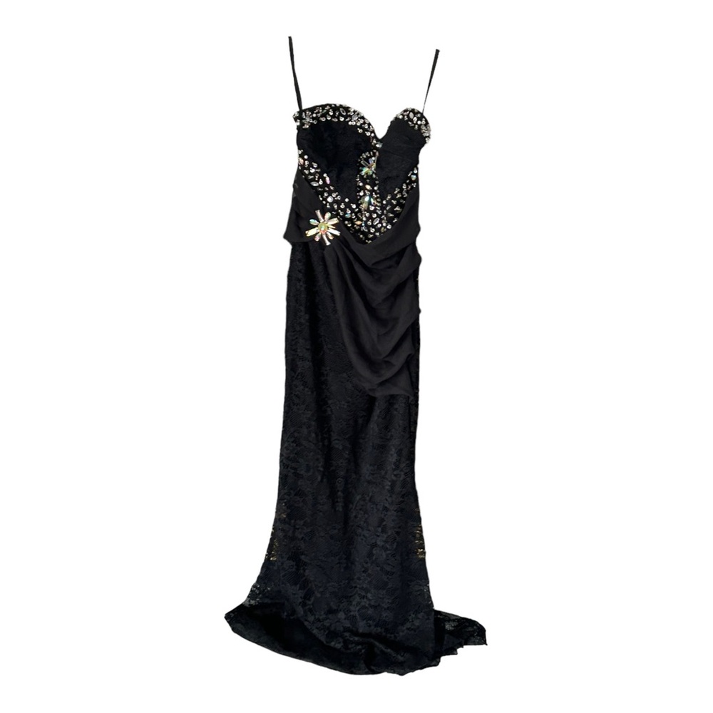 NWT Beaded Black Full Length Dress Sz Small Floral Beaded Lace PROM FORMAL